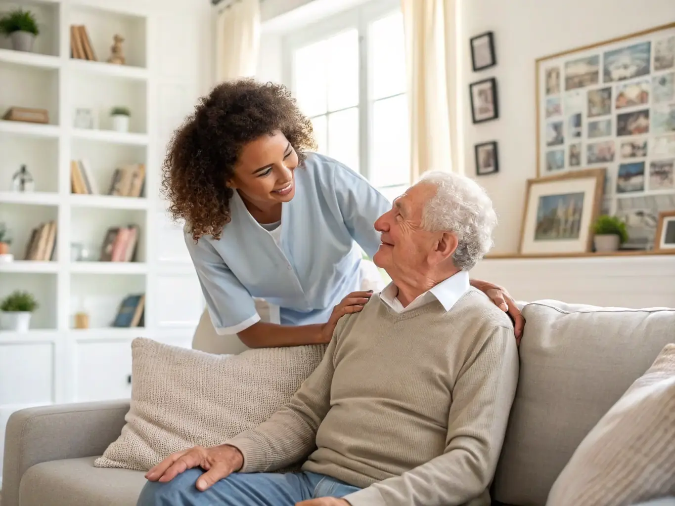 A caregiver tidying up a living room with a client, ensuring a clean and organized space, reflecting the homemaker and housekeeping services offered by Care Health Solutions.