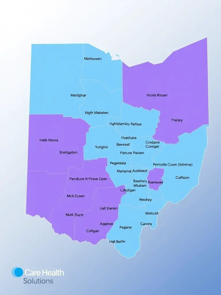 A map of Ohio highlighting the service areas covered by Care Health Solutions for the OhioRISE program, emphasizing accessibility and reach.