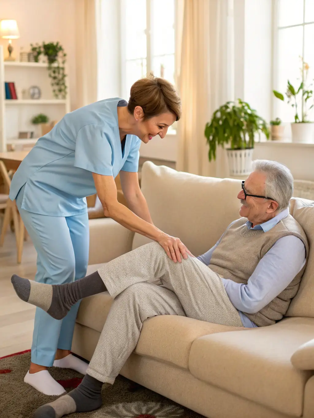 A smiling home health aide assisting a client with mobility exercises, demonstrating physical support and encouragement.