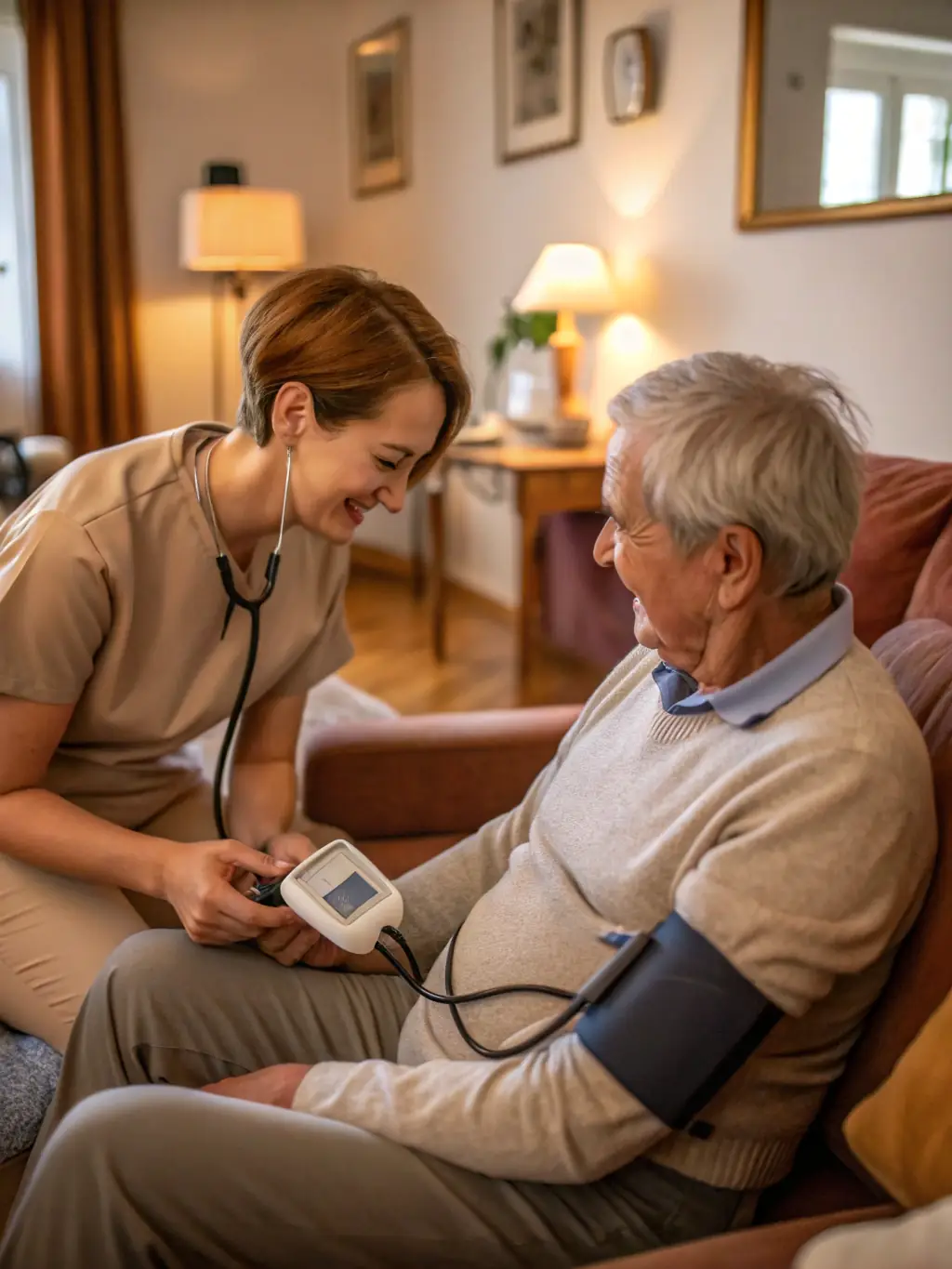 A registered nurse administering care to a client in a comfortable home environment, highlighting professional medical support.