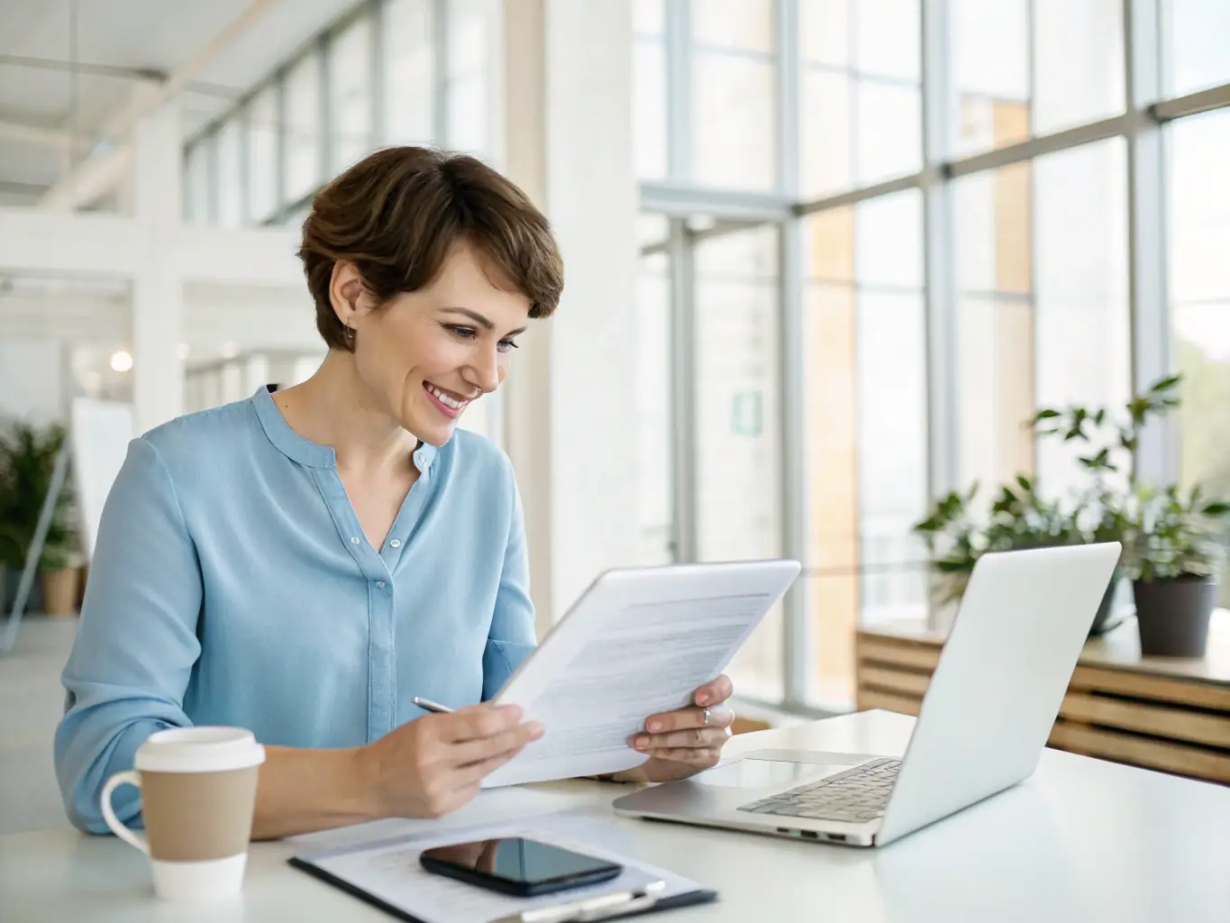A friendly HR representative reviewing applications in a well-lit office at Care Health Solutions, focusing on a candidate's resume.