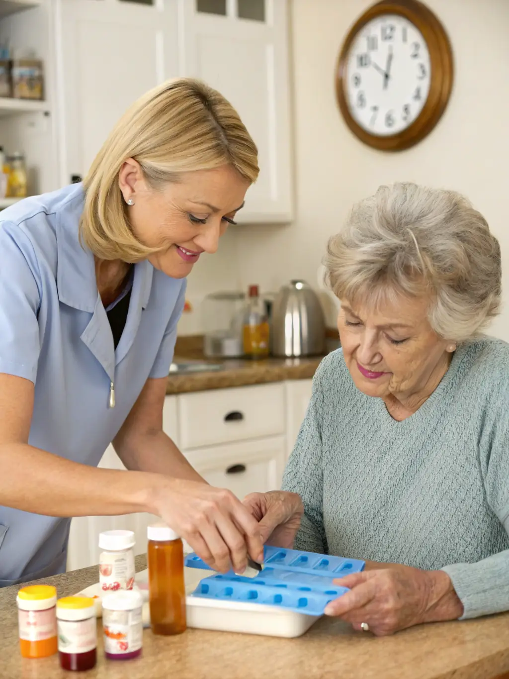 A friendly caregiver assisting a senior client with medication in a sunny home setting, emphasizing compassion and personalized care.