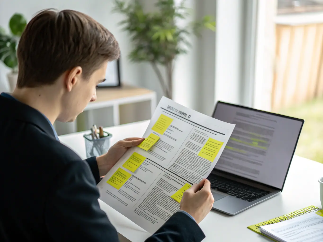 A candidate preparing their documents for a job application at a desk, including resume, cover letter, and references.